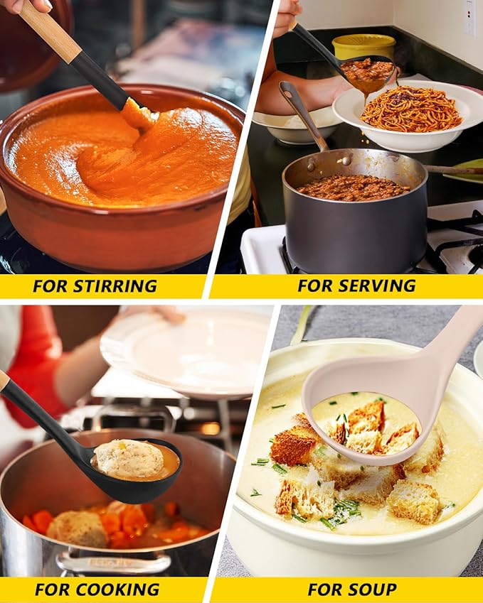 Pack of 2 Soup Ladle, Silicone Ladle Spoon with Wooden Handle, Large Non Stick High Heat Resistant Kitchen Utensils for Cooking, Stirring, Serving Soups(BLACK-KHAKI)
