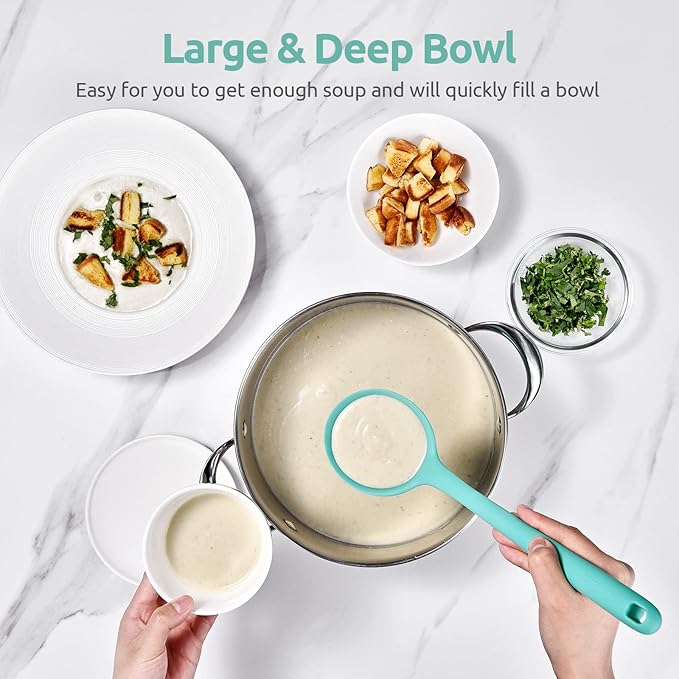 13 inch Silicone Soup Ladle: U-Taste 600ºF Heat Resistant 4 oz Large Non-stick Seamless Rubber Kitchen Deep Serving Spoon with Non-slip Solid Long Handle for Cooking Sauce/Stews/Gravies (Aqua Sky)