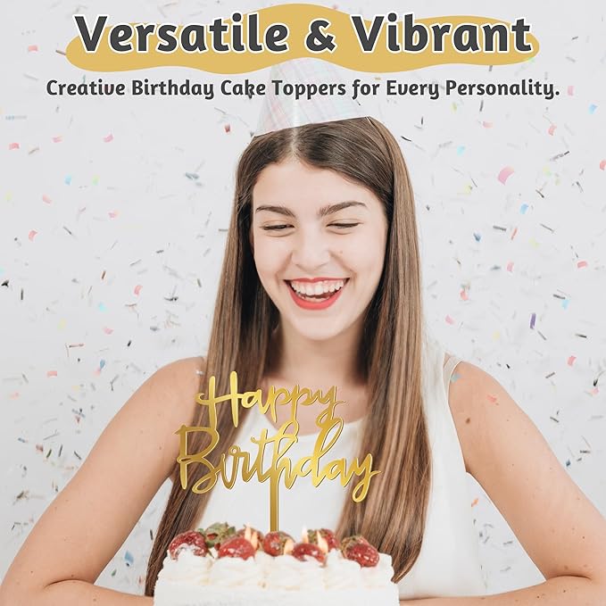 1PCS Gold Happy Birthday Cake Topper, 4.7 x 5.5 Inches Birthday Cake Decorations, Glitter Mirror Acrylic Cake Topper for Birthdays, Anniversaries, or Milestone Celebrations
