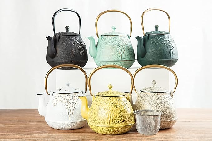TOPTIER Japanese Teapot with Stainless Steel Infuser, Cast Iron Tea Kettle Stovetop Safe, Leaf Design Coated with Enameled Interior for 32 Ounce (950 ml), Light Green