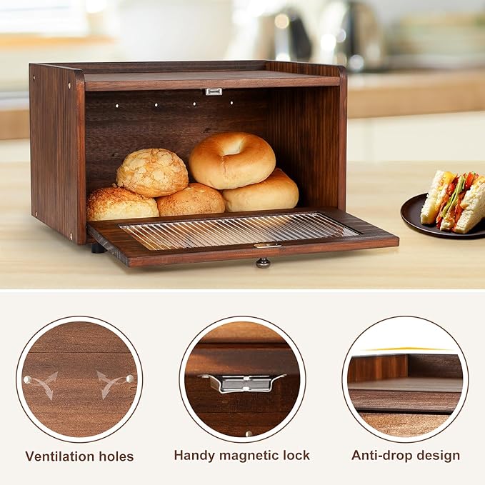 Sunhoo Bread Box for Kitchen Countertop Storage Wooden Breadbox Holder Container Morden Rustic Fresh Bread Keeper Farmhouse Stackable Organizer Bin for Homemade Food Shelf Acrylic Window (Yellow)