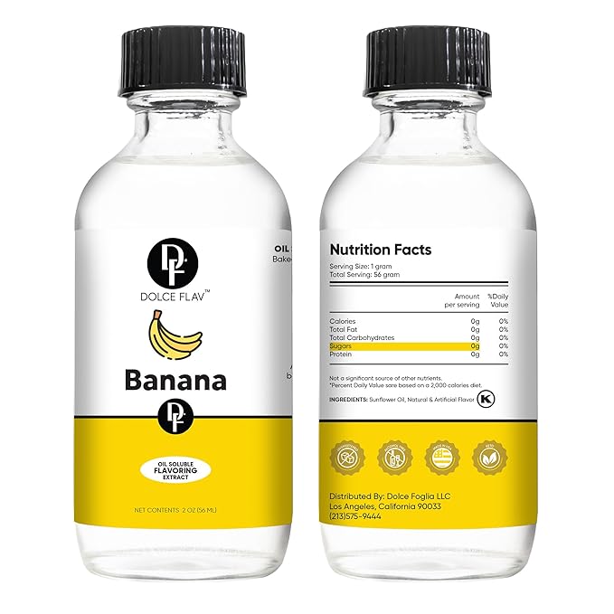 Dolce Flav Banana Extract – 2 Ounce Oil-Soluble Kosher, Sugar-Free, Concentrated Ripe Banana Flavoring for Baking, Smoothies & Ice Cream, Includes Measured Dropper