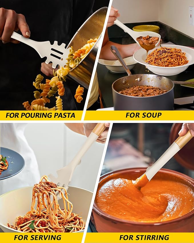 Silicone Soup Ladle and Spaghetti Spoon Set with Wooden Handle, Non Stick Heat Resistant Kitchen Utensils for Cooking, Stirring, Serving Pasta, Soup & Sauce(KHAKI)