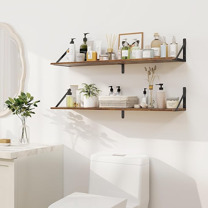 Heimlove Deep Floating Shelves for Wall, 36W x 8D Wood Wall Shelves Set of 2, Wide Floating Bookshelf for Living Room, Kitchen, Office, Bedroom and Decor Storage, with Metal Bracket - Rustic Brown