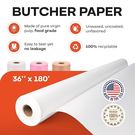 White Butcher Paper 36" x 2160" (180 feet) - USA-Made Natural Butcher Paper Roll for Meat and Fish - Uncoated, Unwaxed & Food-Grade Material for Smoker, Grilling & BBQ by IDL Packaging