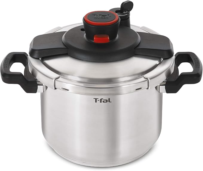 T-fal Clipso Stainless Steel Pressure Cooker 8 Quart, Induction Compatible, Secure locking System, One Hand System, Fast Cooking, Recipe Book Included, Cookware, Pots and Pans, Dishwasher Safe, Silver