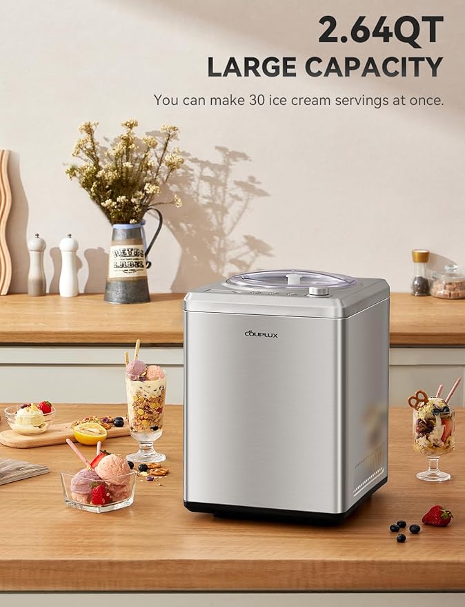 Ice Cream Maker 2.64 Qt, Largest Capacity & Fastest Freezing Ice Cream Machine with Built in Compressor Easy Operate & Clean Ice Cream Maker Machine All Stainless Steel, LCD Digital Display