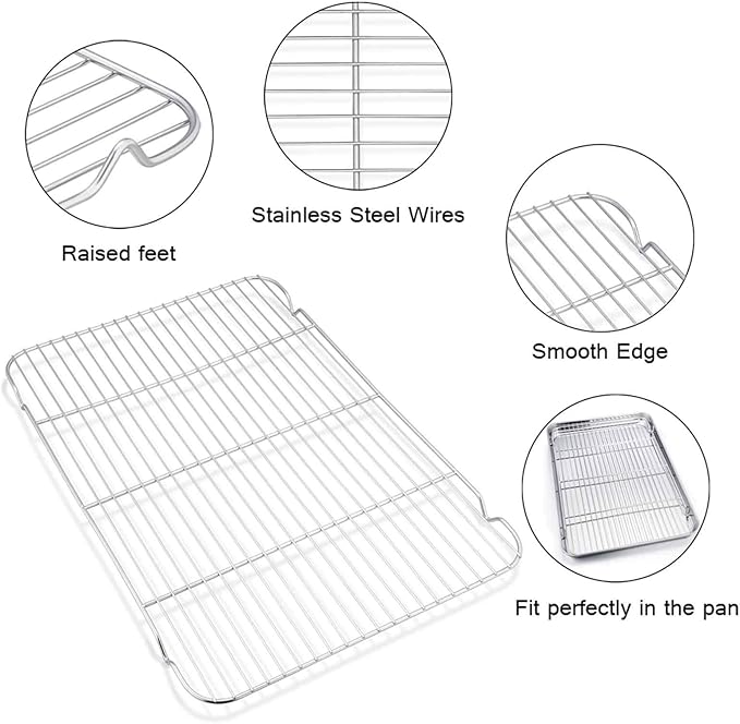TeamFar Baking Sheet with Rack Set of 4, 20’’×14’’×1.2’’, Half Size Stainless Steel Cookie Sheet Baking Pans with Cooling Rack Set, Non Toxic & Rust Free, Mirror Finish & Easy Clean, 2 Pans & 2 Racks