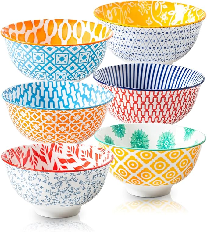 Ceramic Dessert Bowls Set - 12 Oz Small Cereal Bowls 4.75 Inch Ice Cream Bowl for Fruit, Snack, Side Dishes, Dipping Sauce - Microwave Dishwasher Safe - Set of 6 - Assorted Colors