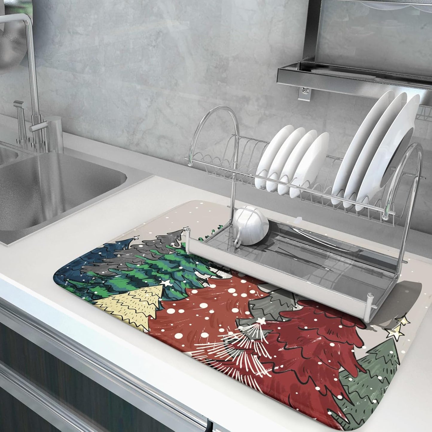 Christmas Trees Dish Drying Mat Winter Holiday Kitchen Dishes Pad 18x24 Inch Absorbent Reversible Fast Dry Draining Rack Pad for Countertop