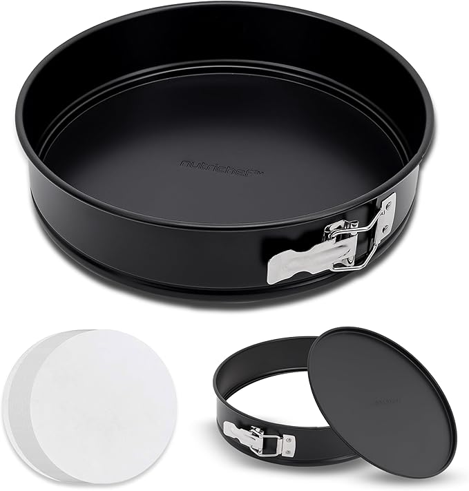 NutriChef 9 Inch Nonstick Cheesecake Springform Cake Pan | Stainless Steel Clasp & Removable Bottom | Durable Carbon Steel Cheesecake Pan | Easy to Clean | Includes 100 Parchment Papers | Black