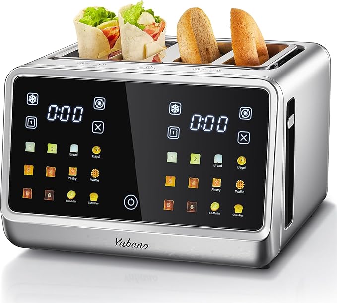 Yabano 4-Slice Toaster with Smart Touch Control, 6 Shade Levels & 6 Bread Settings, Extra Wide Slot for Bagels/English Muffins, Compact Design with Removable Crumb Tray
