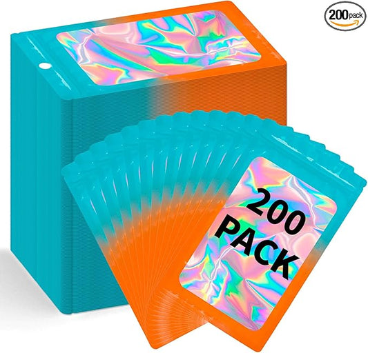 200 Pack Resealable Mylar Holographic Bags Food Storage Smell Proof Bags with Front Window Foil Packaging Pouch for Candy Sample Jewelry Small Business 4.72×7.87 Inch, Blue Fade Orange