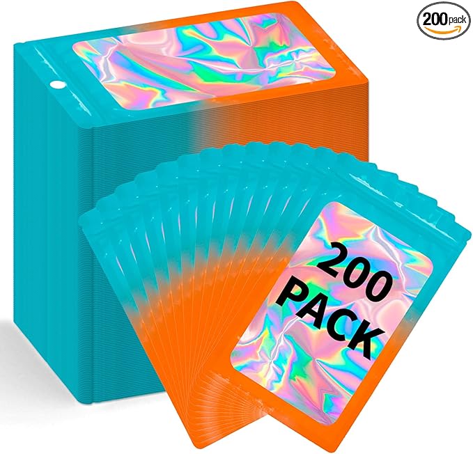 200 Pack Resealable Mylar Holographic Bags Food Storage Smell Proof Bags with Front Window Foil Packaging Pouch for Candy Sample Jewelry Small Business 3.15×5.51 Inch, Blue Fade Orange