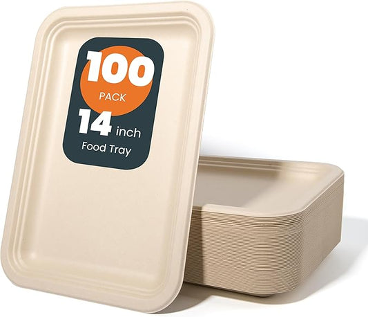 100 Pack 14 Inch Disposable Paper Food Trays for Serving Food, 100% Compostable Heavy-Duty Party Platters, Large Paper Plates for Crawfish Boil Party Supplies, Lobster, Thanksgiving