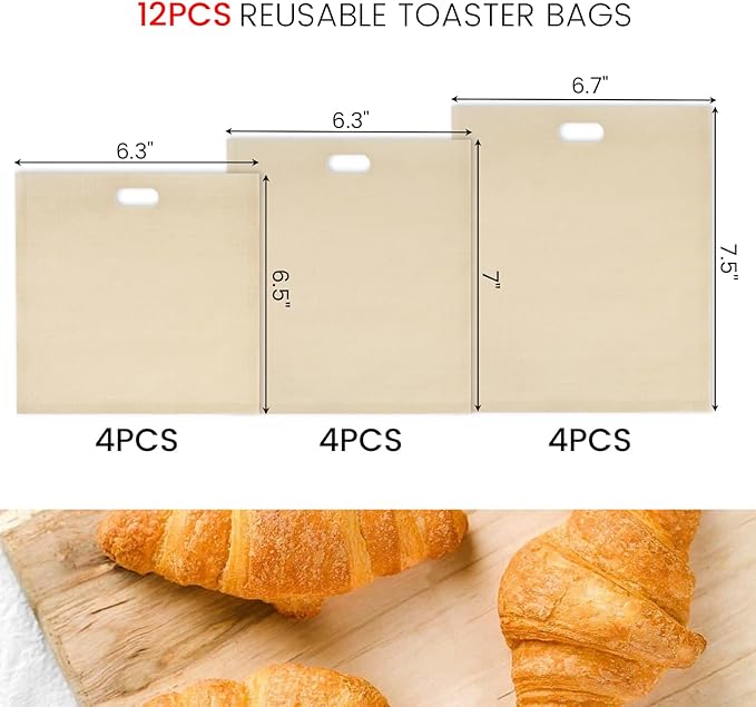 VGOODALL 12 Pack Reusable Toaster Bags, 3 Sizes Non Stick Heat Resistant Sandwich Bags Easy to Clean for Grilled Cheese Sandwiches