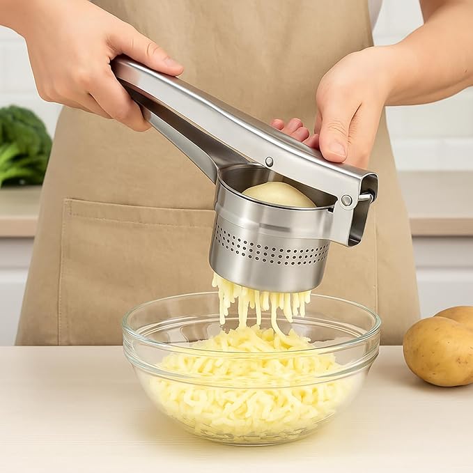 Stainless Steel Potato Ricer and Masher – Heavy Duty Manual Press for Smooth Mashed Potatoes, Baby Food, Vegetables, Garlic – Ergonomic Non-Slip Handle Kitchen Tool for Cooking Prep