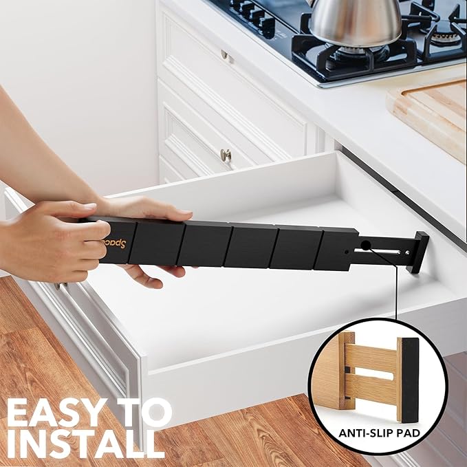 SpaceAid Bamboo Drawer Dividers with Inserts and Labels, Kitchen Adjustable Drawer Organizers, Expandable Organization for Home, Office, Dressers, 10 Dividers with 24 Inserts (17"-22" Black)