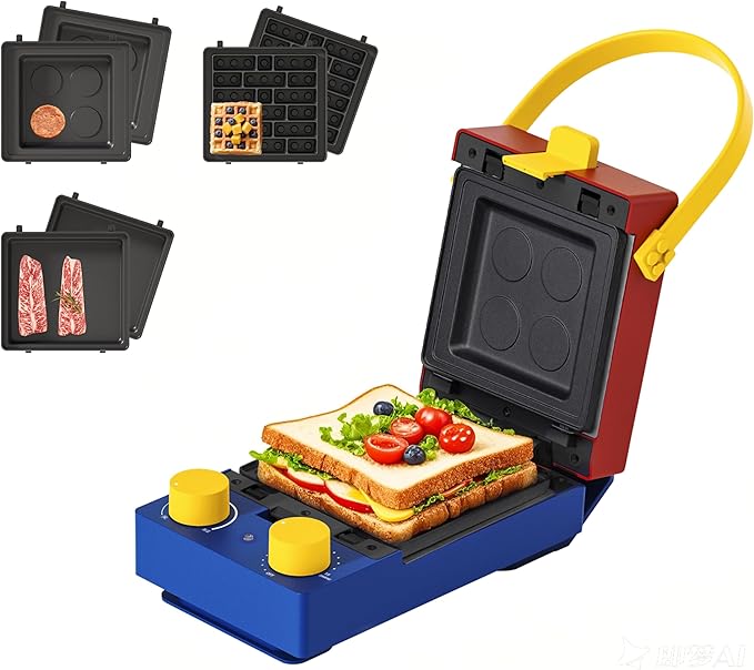 CANDY™ 3-in-1 Waffle Maker Panini Press, Grilled Sandwich Maker with Removable Plates, Compact & Portable Mini Toaster, Fast Double Heating, Unique Block-Style Design, Great for Breakfast or Snacks