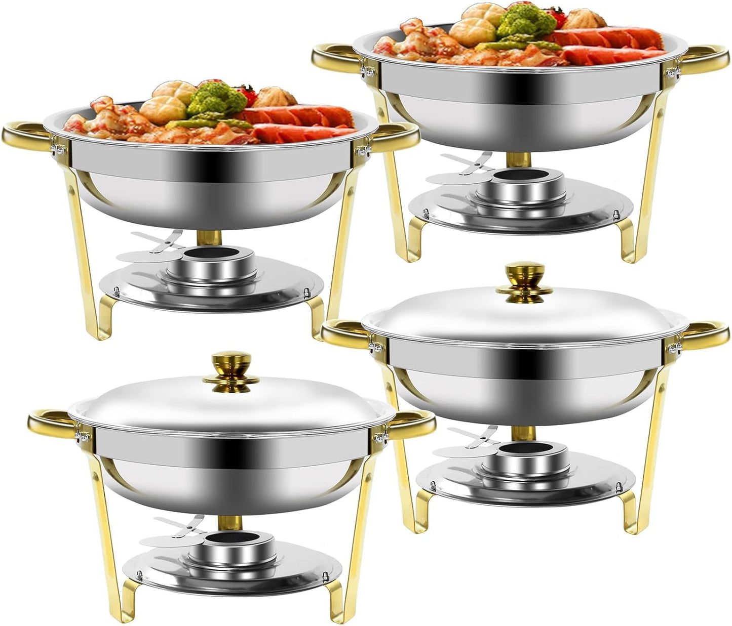 Gold & Silver Chafing Dishes for Buffet with Lid 5QT, 4 Pack - Food-Grade Stainless Steel Chafers and Buffet Warmers Sets with Lid Holder, Rolled Edge Design, for Party, Banquet