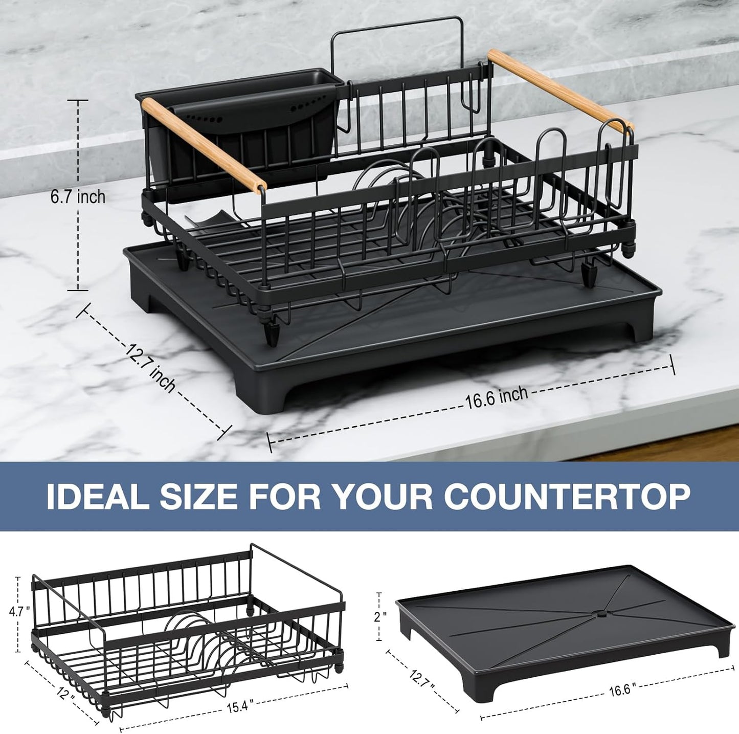 Dish Drying Rack with Drainboard, Rustproof Dish Rack for Kitchen Counter, Large-Capacity Dish Drainer with Cutlery Holder, Sturdy Kitchen Organizer for Dishes, Spoons and Forks