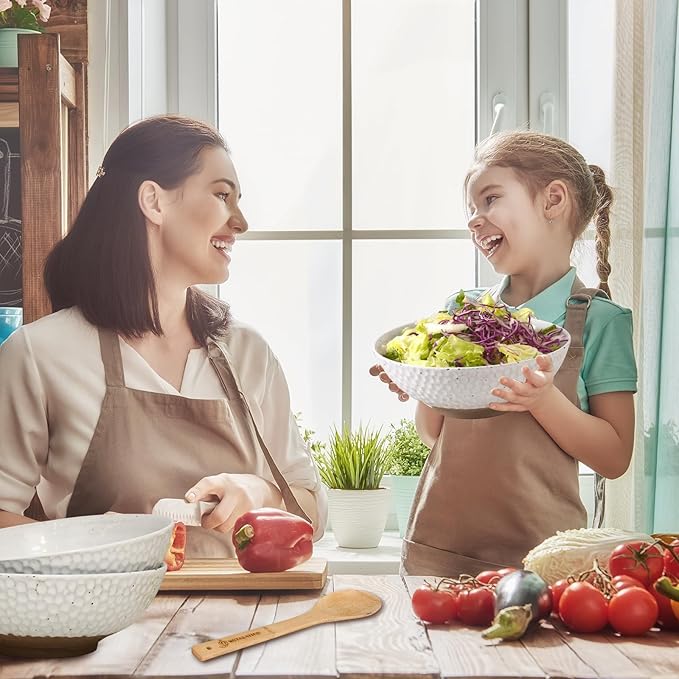 Wotalation Large White Ceramic Salad Serving Bowl - 9.4 Inch Party Bowl for Holidays, Fruit Bowl with Bamboo Utensils (57.4oz), Microwave & Dishwasher Safe