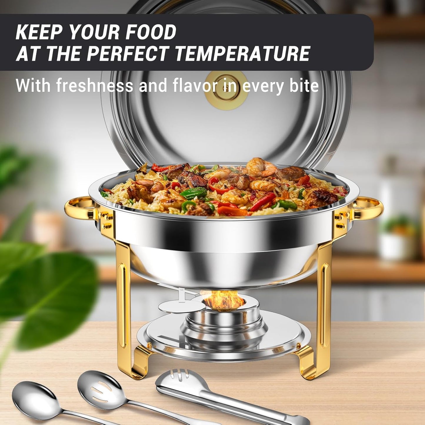 Round Chafing Dishes for Buffet 5 Qt,High Grade Chafing Dish Buffet Set with Stainless Steel Lid & Lid Holder,Full Size Pan,Food Warmers for Parties,Buffet,Wedding, Birthday 4 Pack (Half Gold)