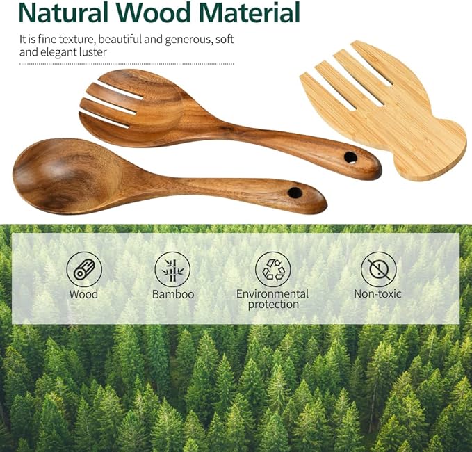 Salad Servers Salad Hands Set, Wood Salad Tongs, 10.2in Salad Spoon Fork and 7.1in Salad Hands Set, Salad Server Set for Mixing, Tossing and Cooking (Salad Server Salad Hand Set)