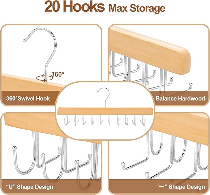 TOPIA HANGER 2 in 1 Belt Tie Hanger for Closet Max 30 Belts with 30 Ties Capacity, 20 Hooks Belt Tie Racks Wooden Hanger for Closet Organizer Storage Space Saving “U” Fit Belt and “一” Fit Tie - CT47N