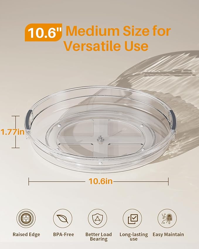 LAMU 2 Pack 10.6in Lazy Susan Organizer Turntable for Cabinet, Clear Lazy Susan for Refrigerator Rotating Organizer for Fridge, Kitchen, Pantry, Countertop, Bathroom, Medicine Cabinet Organizer