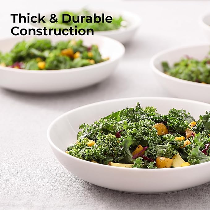 Y YHY 9.75" Large Pasta Bowls, 50 Ounces Big Salad Bowls, Ceramic Serving Bowl Set of 4, Wide and Shallow Bowls Set, Microwave and Dishwasher Safe, White