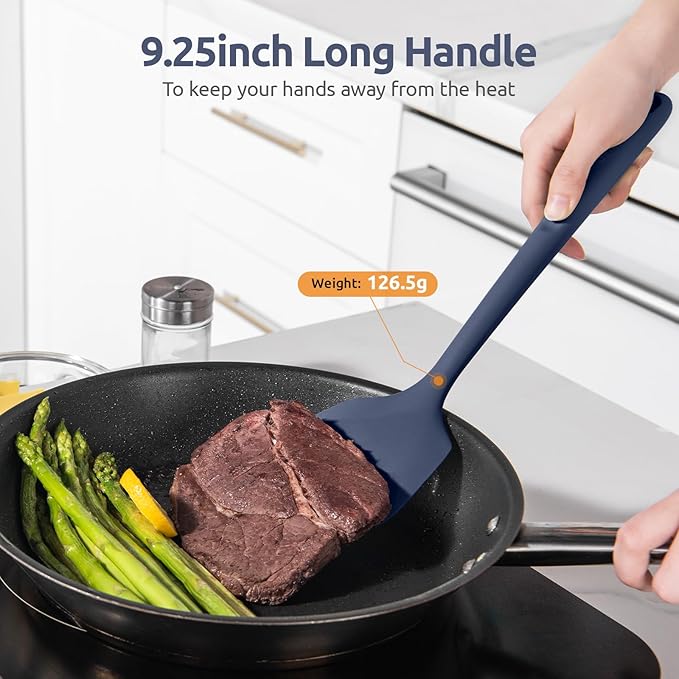 600ºF Heat Resistant Silicone Turners: U-Taste 13.6in Long Solid & Slotted Kitchen Spatula Flipper, Food Grade Wide & Large Flexible Cooking Utensils for Flipping Eggs, Pancakes (Midnight Blue, 2PCS)