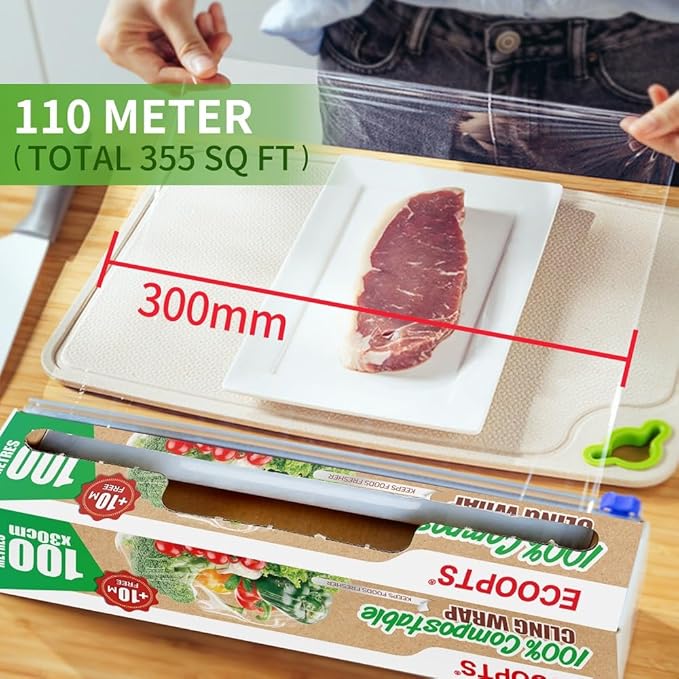 100% Compostable Plastic Cling Wrap Dispenser With Slide Cutter 12 inch Food Service Cling Film Wrap Roll - 12" x 360 Ft ECO friendly Food Wrap(The Slide Cutter stored in The Inner core of The roll)