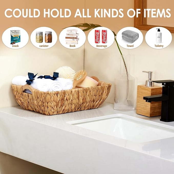 Wicker Baskets 2 Pack, Water Hyacinth Wicker Storage Basket with Wooden Handles, Hand-Woven Baskets for Storage, Natural