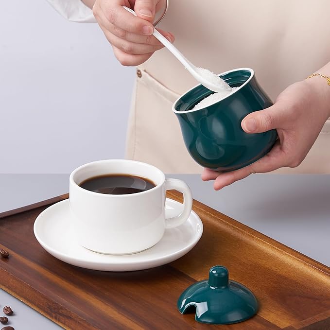 Ceramic Sugar Bowl with Lid and Spoon, Green Porcelain Sugar Salt Pepper Storage Jar, 8 Ounces