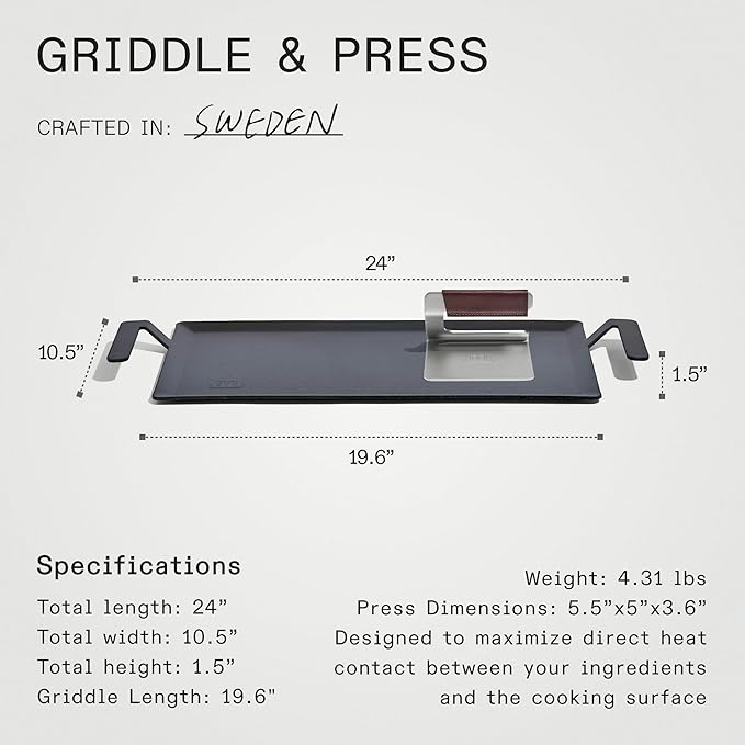 Made In Cookware - Carbon Steel Griddle + Grill Press - (Like Cast Iron, but Better) - Professional Cookware - Crafted in Sweden - Induction Compatible