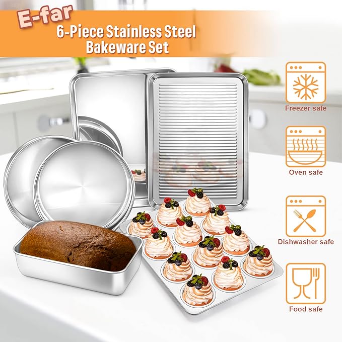 E-far 6-Piece Baking Pans set, Stainless Steel Bakeware Set for Oven, Include 8-Inch Cake Pan/Rectangle Baking Cookie Sheet/Muffin/Loaf Pan, Non-Toxic & Heavy Duty, Dishwasher Safe