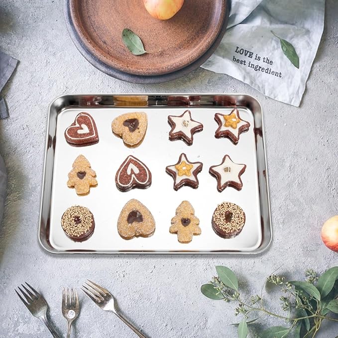 Baking & Cookie Sheets Set of 4, Yododo Stainless Steel Compact Toaster Oven Pan Tray Ovenware Professional, Size 10.23 x 8.26 x 1 inch, Heavy Duty, Deep Edge, Superior Mirror Finish, Dishwasher Safe