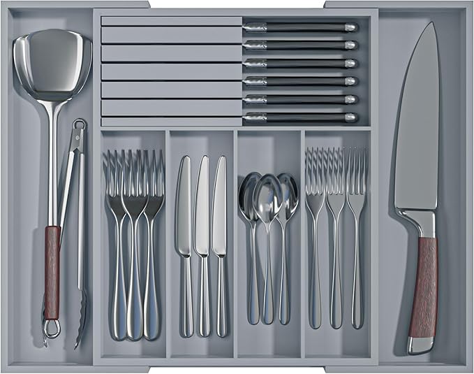 Large Utensil Drawer Organizer with Divider - Removable Kitchen Knife Holder Bamboo Adjustable Flatware Organizer for Drawer W12.8-20.2" x L16 x H2 (Grey)
