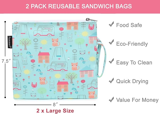 Reusable Sandwich Bag/Snack Bag for Kids & Adults, Dual Layer Lunch Bag with Handle, Washable, Food Safe, BPA Free (2-Pack, Colorful Cat)