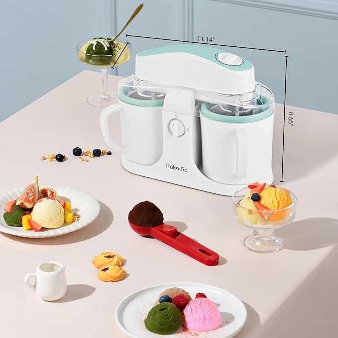 Pukomc Ice Cream Maker Machine for Home Use, with Two Ice Cream Bowls,Simple Operation and Easy to Clean,White Green