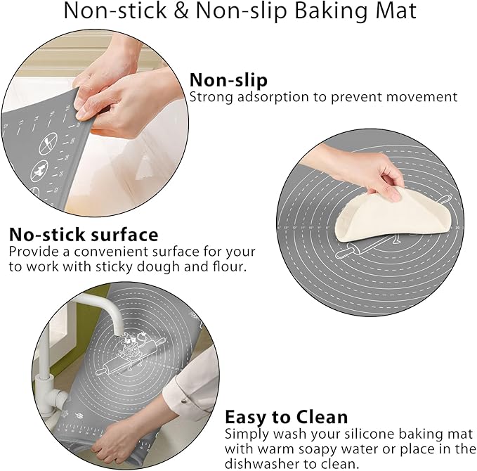 Silicone Baking Mat 24" x 16" Extra Thick Non-stick Pastry Mat with Measurements and Edge Heightening, Food Grade Silicone for Countertop Dough Rolling Making Bread, Cookies, Pizza, Fondant, Pasta