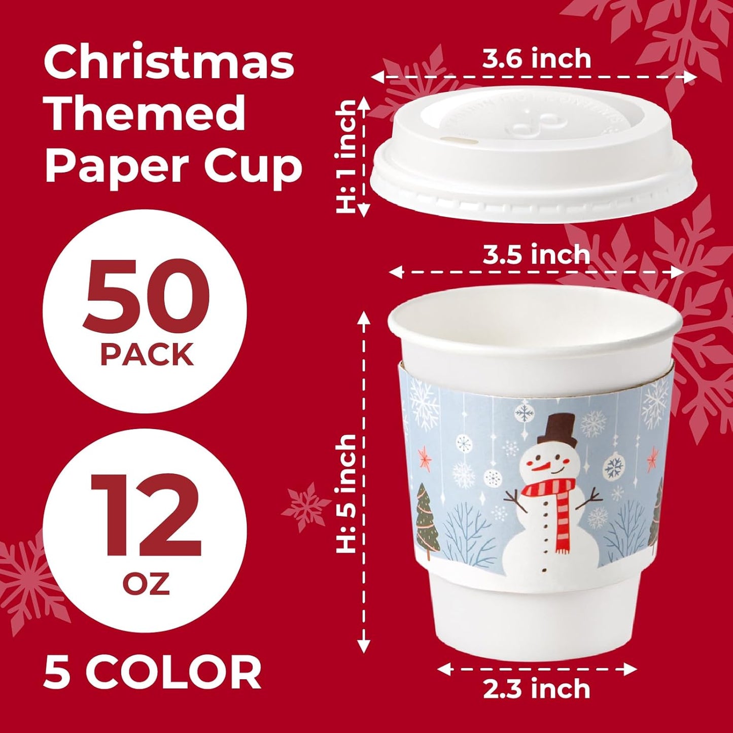 Fit Meal Prep 50 Pack 12 oz Christmas Disposable Coffee Cups with Lids, Sleeves, Leak-Proof To Go Coffee Cups with Lids, Durable Holiday Hot Paper Cups for Home, Office, Party, Business