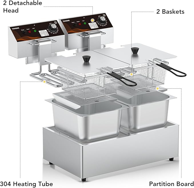 Commercial Deep Fryer with Baskets 20.7Qt Dual Tank Upgraded Electric Countertop Fryer Heavy Duty 1mm Thickened Stainless Steel Deep Fryers, 120V, 3600W, UL Certified