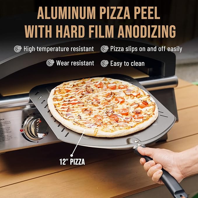 Q Pizza Perforated Pizza Peel 14", Non-stick Pizza Turning Paddle Pizza Oven Accessory, Extra Large Metal Pizza Spatula for Grill Oven Baking Bread Pastry Dough Pie Cake, Aluminium PT204