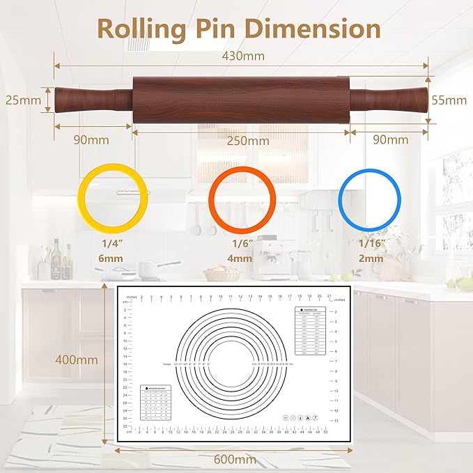 Classic Wooden Rolling Pin with Handle and Pastry Mat for Fondant, Pizza, Pies, Cookies,Rolling Pin for Baking with 3 Multi-Color Thickness Rings,17" x 2.5" (Include handle)