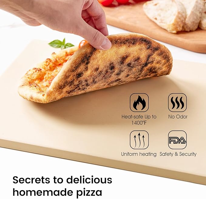 Pizza Stone Set, 15"x12" Rectangular Pizza Stone for Oven Grill BBQ with Wooden Pizza Peel & Oven Mitts, Cordierite Baking Stone for Bread, Unique Built-in 4 Handles Cooking Stone