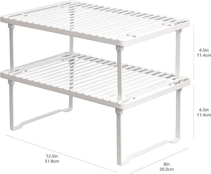 Amazon Basics Stackable Metal Kitchen Storage Shelves for Dishes, 12.5" L x 8" D x 4.5" H, Set of 2, White