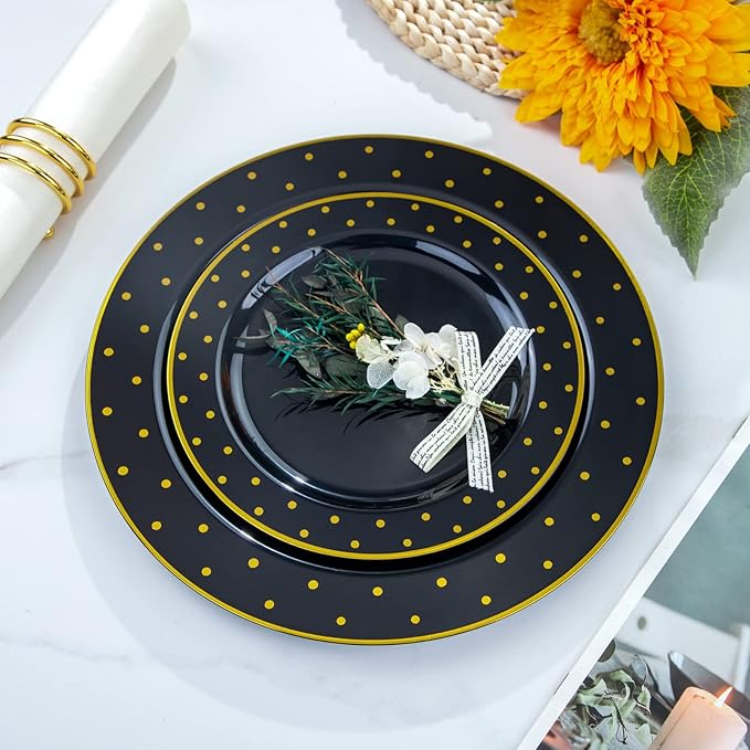 I00000 102Pcs Plastic Black Gold plates, New Year Black Plastic Plates Including 51 Dinner Plates 10.25" and 51 Salad Plates 7.5" with Gold Dots, Premium Gold Disposable Plates for Party & New Year