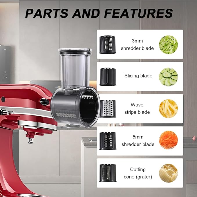 Slicer/Shredder Attachment Compatible with KitchenAid Stand Mixers 5 Blade Stainless Steel Food Processor with Detachable Blades for Cheese Grating, Vegetable, Salad Making Food Shredding